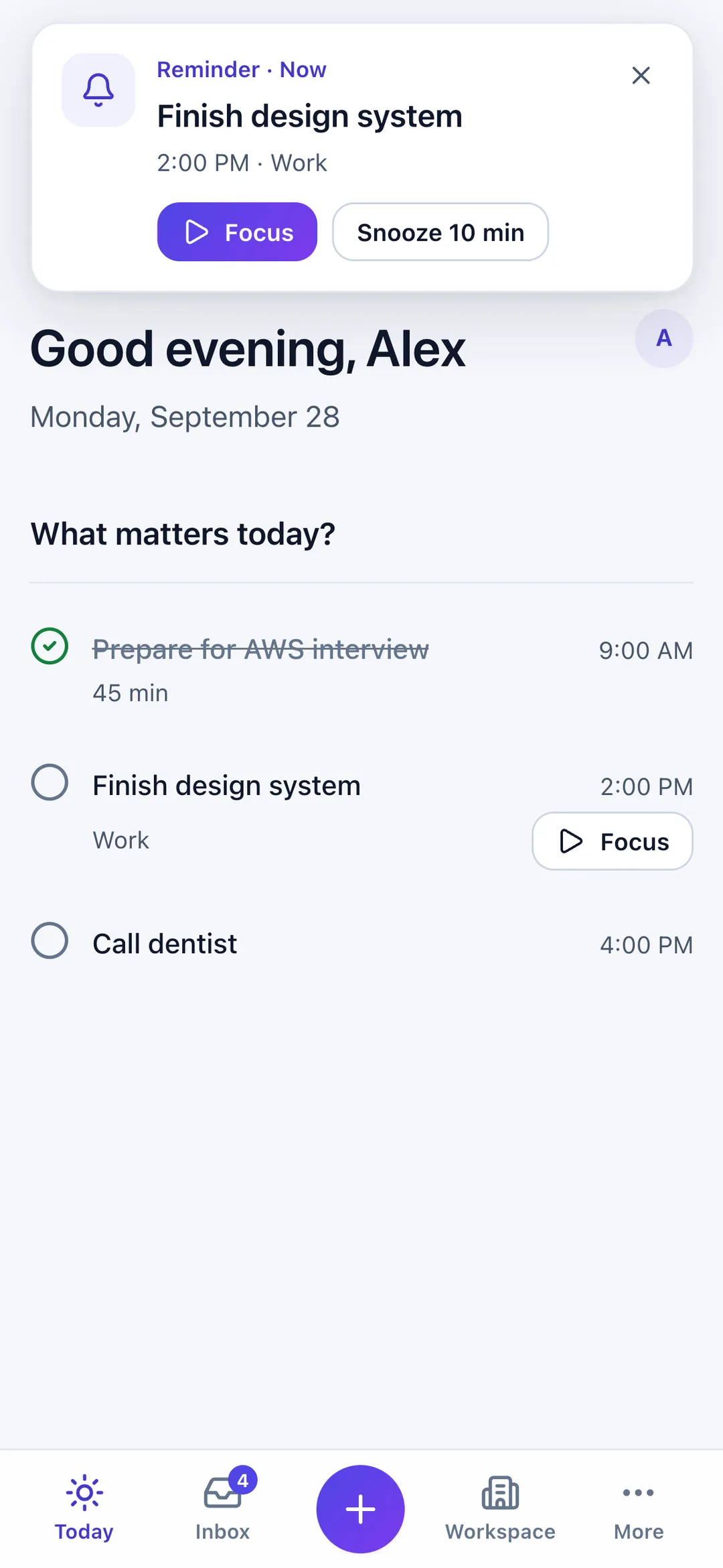 A PlanCraftAI reminder for “Finish design system” at 2:00 PM with Focus and Snooze buttons