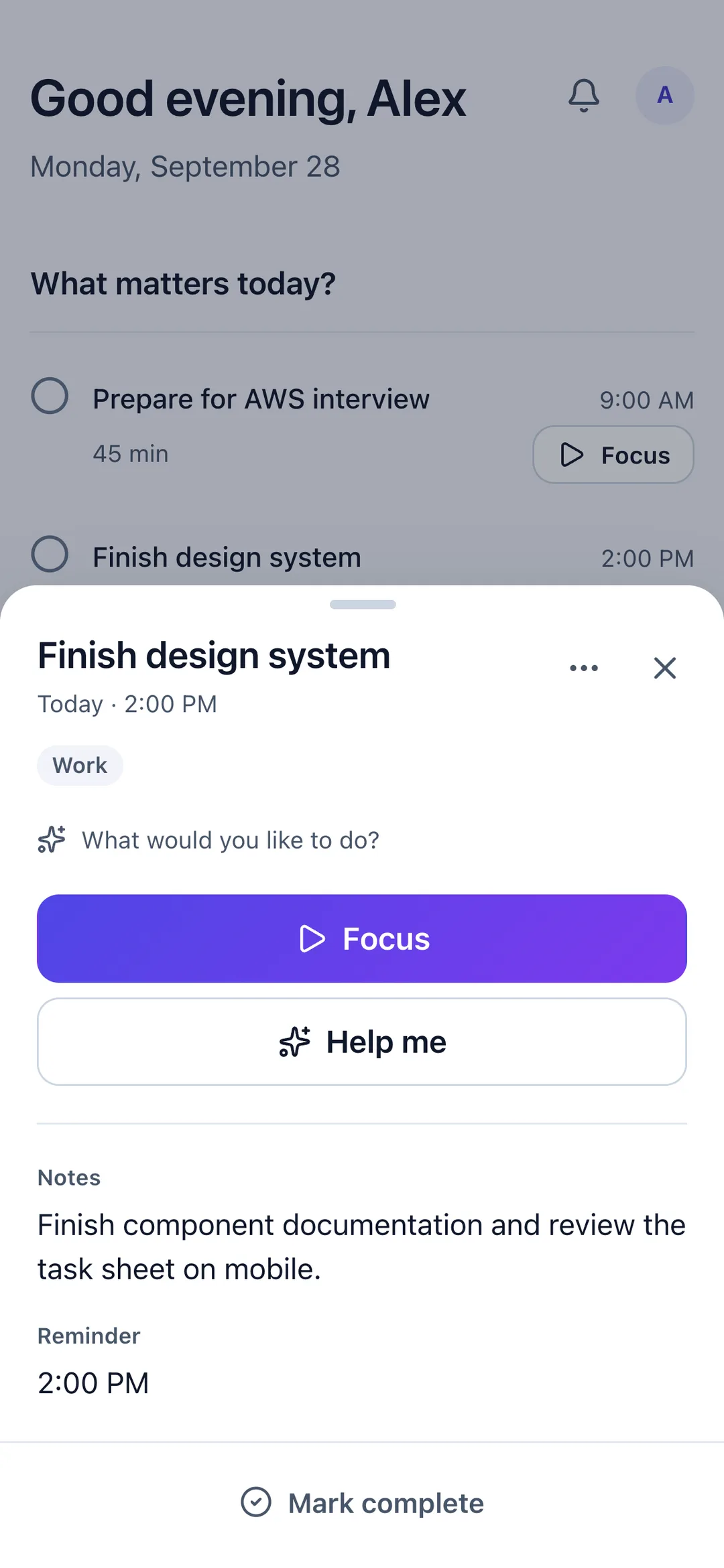 A PlanCraftAI task with its time, category, reminder and Focus and Help me actions