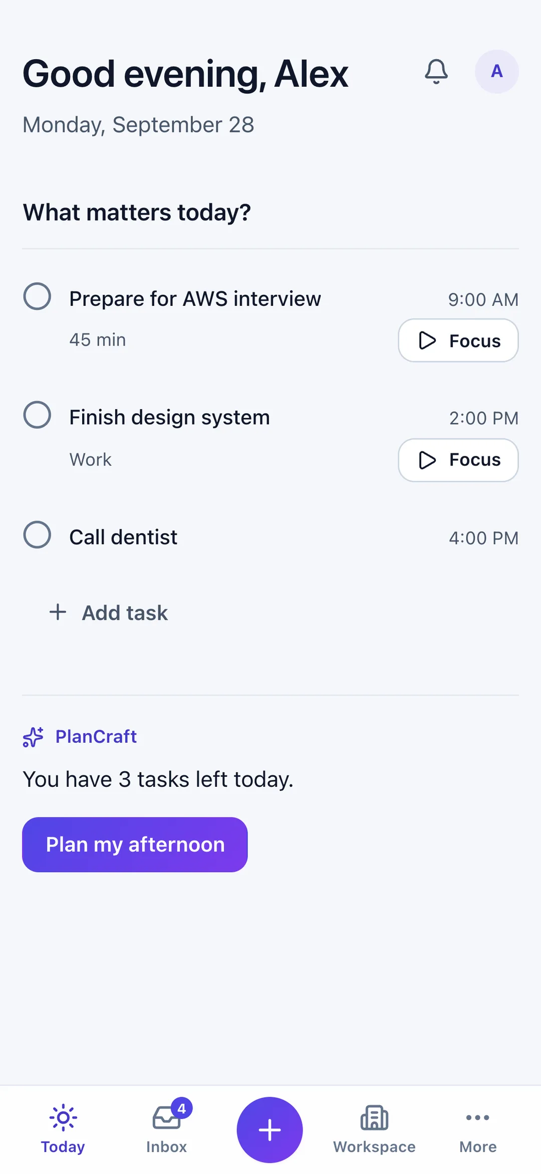 PlanCraftAI app preview showing planned tasks